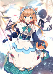 Rule 34 | 1girl, animal ears, apron, black gloves, blue eyes, blurry, blurry background, blush, brown hair, commentary, corset, cowboy shot, deemo, deemo (character), eli conifer, flower, gloves, headdress, long hair, long sleeves, looking at viewer, low twintails, nekopote, nijisanji, open mouth, puffy sleeves, red ribbon, ribbon, solo, twintails, virtual youtuber, waist apron, white flower