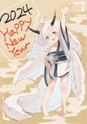 Rule 34 | 1girl, 2024, ahoge, arm up, barefoot, blue eyes, blush, chinese zodiac, commentary request, dragon girl, dragon horns, dragon tail, dragon wings, full body, happy new year, highres, horns, japanese clothes, kimono, long hair, looking at viewer, mote max, new year, obi, open mouth, original, sash, short kimono, single bare shoulder, slit pupils, solo, tail, white fur, white hair, white kimono, white tail, white wings, wings, year of the dragon