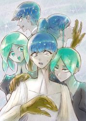 Rule 34 | 5others, androgynous, angry, blue eyes, blue hair, blunt bangs, crack, crazy eyes, crystal hair, expressionless, gem uniform (houseki no kuni), golden arms, green eyes, green hair, hand on another&#039;s shoulder, happy, heterochromia, highres, houseki no kuni, long hair, looking at another, multiple others, multiple persona, necktie, open mouth, phosphophyllite, phosphophyllite (ll), ponytail, short hair, smile, spoilers, sweatdrop, upper body, white eyes
