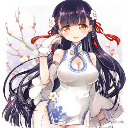 Rule 34 | 1girl, azur lane, black hair, blush, branch, breasts, china dress, chinese clothes, cleavage, dress, fingerless gloves, flower, gloves, hair flower, hair ornament, kawanobe, long hair, looking at viewer, open mouth, out-of-frame censoring, plum, plum blossoms, solo, twitter username, yat sen (azur lane), yellow eyes