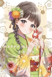 Rule 34 | 1girl, 2023, asa no ha (pattern), blunt bangs, blush, braid, brown eyes, brown hair, chinese zodiac, daruma doll, hair ornament, happy new year, highres, holding charm, japanese clothes, kanzashi, kikkoumon, kikumon, kimono, kojitsunagi (pattern), long hair, long sleeves, looking at viewer, new year, obi, original, sakunagita, sash, seigaiha, smile, solo, wide sleeves, year of the rabbit