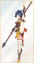 Rule 34 | 1girl, absurdres, blue hair, boots, braid, braided hair rings, breasts, china dress, chinese clothes, dress, fingerless gloves, genshin impact, gloves, guoba (genshin impact), hair rings, highres, holding, holding staff, leg lift, leg up, legs, looking at viewer, polearm, shoes, short hair, sleeveless, sleeveless dress, smile, solo, spear, split, staff, standing, standing on one leg, standing split, weapon, xiangling (genshin impact)