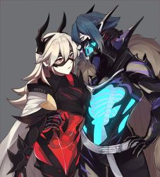 Rule 34 | 1boy, 1girl, armor, artist name, black armor, black mask (clothing), blue hair, bone, breastplate, cape, commentary, domino mask, earrings, english commentary, fire emblem, fire emblem heroes, fur-trimmed cape, fur trim, gauntlets, gradient hair, grey hair, hair between eyes, horned mask, horns, hug, jewelry, lif (fire emblem), lips, long hair, looking at another, mask, masked, memeh, mouth mask, multicolored hair, nintendo, pale skin, parted lips, red eyes, short hair, shoulder armor, simple background, skeleton, thrasir (fire emblem), see-through body, twitter username, white cape