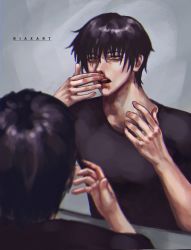 Rule 34 | 1boy, black hair, black shirt, blood, commentary, english commentary, fushiguro touji, green eyes, grey background, highres, jujutsu kaisen, looking at mirror, male focus, mirror, nosebleed, open mouth, riaxart, shirt, short hair, simple background, solo, upper body