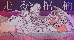 Rule 34 | 1boy, 1girl, apex legends, bandana, braid, car, classic revenant, convertible, driving, eyeshadow, from side, hair behind ear, humanoid robot, limited palette, loba (apex legends), looking back, makeup, motor vehicle, red eyeshadow, revenant (apex legends), robot, shourou kanna, simulacrum (titanfall), steering wheel, translation request, twin braids
