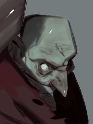 Rule 34 | 1boy, absurdres, bald, bandages, grey background, grey eyes, highres, knbn 0728, league of legends, long nose, male focus, painterly, red scarf, scarf, simple background, singed, solo, torn, torn clothes, veins, wide-eyed