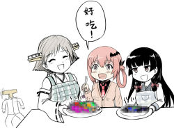 Rule 34 | 10s, 1boy, 3girls, :d, ^ ^, apron, bad food, bat hair ornament, black hair, blunt bangs, blush, bow, censored, censored food, chinese text, chopsticks, closed eyes, cross, crossover, detached sleeves, gabriel dropout, grey hair, hair bow, hair ornament, hair ribbon, hair rings, hiei (kancolle), holding, inverted cross, isokaze (kancolle), kantai collection, long hair, military, military uniform, mosaic censoring, multiple girls, naval uniform, necktie, nontraditional miko, open mouth, red hair, ribbon, satanichia kurumizawa mcdowell, school uniform, serafuku, short hair, smile, sweatdrop, t-head admiral, table, trait connection, translated, trembling, uniform, y.ssanoha