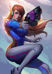 Rule 34 | 1girl, alternate eye color, armor, bodysuit, boots, bracer, breasts, brown hair, cowboy shot, d.va (overwatch), eyelashes, facepaint, facial mark, finger on trigger, from side, gloves, gun, hands up, headphones, highres, holding, holding gun, holding weapon, large breasts, lips, lipstick, long hair, long sleeves, makeup, overwatch, overwatch 1, parted lips, pauldrons, pilot suit, pink eyes, pointing, red lips, ribbed bodysuit, shoulder armor, shoulder pads, skin tight, solo, teeth, thigh boots, thigh strap, thighhighs, tongue, turtleneck, weapon, whisker markings, white footwear, white gloves, x.four