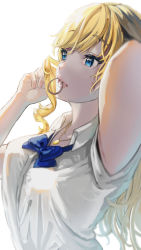 Rule 34 | 1girl, arm up, blonde hair, blue bow, blue bowtie, blue eyes, bow, bowtie, breasts, collared shirt, commentary request, fingernails, from side, fujima (k114), hair tie, hair tie in mouth, hand up, highres, idolmaster, idolmaster cinderella girls, jewelry, long hair, medium breasts, mouth hold, necklace, ohtsuki yui, shirt, short sleeves, simple background, solo, upper body, wavy hair, white background, white shirt