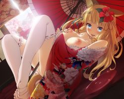 Rule 34 | 1girl, alcohol, animal ears, architecture, blonde hair, blue eyes, blunt bangs, breasts, cherry blossoms, cup, dutch angle, east asian architecture, floral print, flower, grabbing own breast, hair flower, hair ornament, hair ribbon, hibiscus, highres, japanese clothes, kimono, large breasts, long hair, looking at viewer, lying, nipples, oil-paper umbrella, original, papino, red flower, ribbon, sakazuki, sake, sidelocks, solo, tabi, tail, thighhighs, tongue, umbrella, white thighhighs