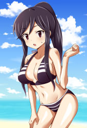 Rule 34 | 1girl, :o, a channel, absurdres, artist request, bad id, bad twitter id, beach, bent over, bikini, black bikini, black hair, blue sky, blurry, blurry background, blush, breasts, brown eyes, cleavage, clenched hand, cloud, collarbone, copyright notice, cowboy shot, dot nose, female focus, hand on own knee, hand up, highres, large breasts, long hair, looking at viewer, midriff, multicolored bikini, multicolored clothes, multicolored swimsuit, navel, nishi yuuko, open mouth, outdoors, ponytail, print bikini, print swimsuit, sky, solo, striped bikini, striped clothes, sweat, swimsuit