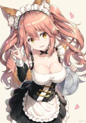 Rule 34 | 1girl, alternate costume, animal ears, breasts, choker, cleavage, corset, enmaided, fang, fate/grand order, fate (series), fox ears, fox shadow puppet, fox tail, highres, long hair, maid, maid headdress, official alternate costume, pink hair, rin yuu, solo, tail, tamamo (fate), tamamo no mae (fate/extra), tamamo no mae (tailmaid strike) (fate), tray, twintails