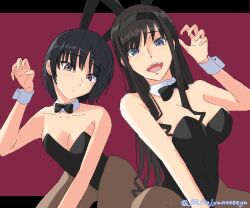 Rule 34 | 2girls, :d, alternate costume, amagami, animal ears, black hair, black hairband, black leotard, blue eyes, bow, bowtie, breasts, brown eyes, commentary request, covered navel, curly hair, detached collar, drill hair, fake animal ears, hairband, highres, large breasts, leotard, long hair, looking at viewer, medium breasts, mitojyaneeeeyo, morishima haruka, multiple girls, nanasaki ai, open mouth, pantyhose, playboy bunny, rabbit ears, short hair, smile, strapless, strapless leotard, thighs, traditional bowtie, twitter username