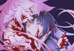Rule 34 | 1boy, 1girl, animal ears, bare shoulders, black hair, blood, blood on arm, blood on breasts, blood on face, blood on hands, blush, braid, breasts, clothed male nude female, commentary request, eyelashes, fate/grand order, fate (series), fingernails, fox ears, fox girl, hair between eyes, hand on another&#039;s face, hetero, highres, holding, holding hair, kandis milk, koyanskaya (fate), large breasts, licking, long hair, looking at another, nervous, nude, open mouth, pink hair, purple background, purple eyes, scratches, sharp fingernails, sidelocks, signature, sweat, tai gong wang (fate), tamamo (fate), tongue, tongue out, upper body, very long hair, yellow eyes