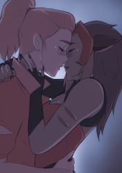 Rule 34 | 2girls, adora (she-ra), animal ears, blush, brown hair, catra, clenched hand, couple, closed eyes, fingerless gloves, gloves, hand on another&#039;s neck, highres, imminent kiss, multiple girls, okonomiyaky art, she-ra and the princesses of power, yuri