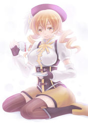 Rule 34 | 10s, 1girl, bad id, bad pixiv id, blonde hair, cup, detached sleeves, drill hair, fingerless gloves, gloves, hat, kaizeru, magical girl, mahou shoujo madoka magica, mahou shoujo madoka magica (anime), short hair, solo, teacup, tears, thighhighs, tomoe mami, twintails, yellow eyes