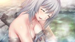 Rule 34 | 1girl, areola slip, blush, breasts, closed eyes, covering privates, covering nipples, game cg, grey hair, h de hajimaru share house, happy, kagami touka, large breasts, mochizuki nozomu, onsen, open mouth, original, outdoors, partially submerged, shiny skin, short hair, sitting, smile, solo, steam, towel, upper body, water, wet, white towel