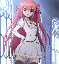 Rule 34 | 10s, claire rouge, hands on own hips, highres, long hair, pleated skirt, red eyes, red hair, school uniform, screencap, seirei tsukai no blade dance, skirt, thighhighs, twintails, window