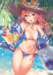 Rule 34 | 1girl, animal ear fluff, animal ears, bare shoulders, beach, bikini, blue bikini, blue sky, blush, bracelet, breasts, cleavage, cloud, collarbone, commentary request, cup, day, ears through headwear, fang, fate/grand order, fate (series), fox ears, fox girl, hair between eyes, hat, highres, holding, holding cup, holding swim ring, innertube, jewelry, kawai (purplrpouni), long hair, looking at viewer, medium breasts, navel, necklace, ocean, open mouth, outdoors, palm tree, pink hair, sand, side-tie bikini bottom, sky, smile, solo, standing, straw hat, swim ring, swimsuit, tamamo (fate), tamamo no mae (fate/extra), tamamo no mae (swimsuit lancer) (fate), tamamo no mae (swimsuit lancer) (second ascension) (fate), tree, water, yellow eyes