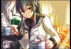 Rule 34 | 1girl, black hair, black necktie, black sailor collar, black shirt, blush, closed mouth, commentary request, cup, dress shirt, food, gift, hair between eyes, highres, holding, holding cup, hot chocolate, kantai collection, long hair, long sleeves, looking at viewer, marshmallow, necktie, ponytail, red eyes, sailor collar, sailor shirt, seitei (04seitei), shirt, shirt under shirt, sidelocks, smile, solo, steam, sunlight, twitter username, upper body, white shirt, yahagi (kancolle)