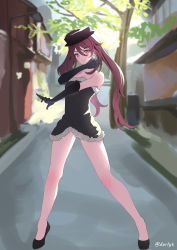 Rule 34 | 1girl, artist name, bare legs, bare shoulders, black dress, black hat, brown hair, derlyt, dress, elbow gloves, genshin impact, gloves, hat, highres, hu tao (genshin impact), legs, long hair, looking at viewer, outdoors, red eyes, road, sleeveless, sleeveless dress, smile, solo, standing, strapless, strapless dress, street, symbol-shaped pupils, top hat, tree, twintails, v