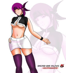 Rule 34 | 1girl, alternate costume, ayane (doa), bad id, bad pixiv id, breasts, copyright name, crop top, dead or alive, dead or alive 5, hair ribbon, hand on own hip, head tilt, headband, highres, ihsnet, large breasts, no bra, panties, pantyshot, purple hair, purple panties, purple thighhighs, red eyes, ribbon, short hair, skindentation, skirt, smile, standing, suspenders, thighhighs, underboob, underwear, upskirt, wristband, zoom layer