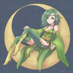 Rule 34 | 1girl, abi mmo, aged up, boots, breasts, closed mouth, crescent moon, final fantasy, final fantasy iv, high heel boots, high heels, highres, long hair, looking at viewer, moon, rydia (ff4), sitting on moon, solo