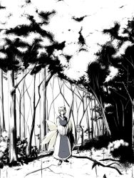 Rule 34 | 1girl, animal ears, animal hat, female focus, forest, fox ears, fox tail, greyscale, hands in opposite sleeves, hat, kajiki, long sleeves, looking at viewer, mob cap, monochrome, multiple tails, nature, mob cap, plant, shoes, short hair, solo, standing, tabard, tail, touhou, wide sleeves, yakumo ran