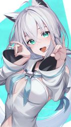 Rule 34 | 1girl, :d, ahoge, animal ears, aqua background, blue neckerchief, braid, breasts, commentary, crossed bangs, detached sleeves, fingernails, fox ears, fox girl, fox shadow puppet, front slit, green eyes, grey hair, hair between eyes, hands up, head tilt, highres, hololive, kainown, long hair, looking at viewer, low ponytail, neckerchief, open mouth, shirakami fubuki, shirakami fubuki (1st costume), side braid, sidelocks, single braid, small breasts, smile, solo, upper body, virtual youtuber, wide sleeves