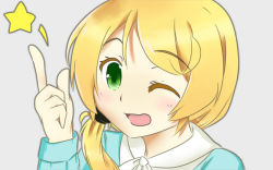 Rule 34 | 1girl, blonde hair, chocobo (gold chocobo), ellen baker, green eyes, hand gesture, highres, looking at viewer, new horizon, one eye closed, open mouth, ponytail, scrunchie, solo