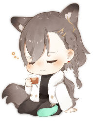 Rule 34 | 1girl, animal ears, arknights, black shirt, black skirt, blush, braid, brown hair, chibi, closed eyes, drink, earrings, extra ears, highres, holding, holding drink, jacket, jewelry, long hair, long sleeves, mole above eye, official alternate costume, penance (arknights), penance (occasionally flushed) (arknights), satosaki neko, seiza, shirt, simple background, sitting, skirt, smile, solo, split mouth, tail, white background, white jacket, wolf ears, wolf girl, wolf tail
