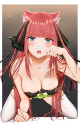 Rule 34 | 1girl, all fours, animal ears, blue eyes, blunt bangs, blush, breasts, cat cutout, cat ears, cat lingerie, cat tail, cleavage, cleavage cutout, clothing cutout, collarbone, fangs, go-toubun no hanayome, green skirt, hair ornament, hair ribbon, highres, large breasts, long hair, looking at viewer, meme attire, nakano nino, open mouth, outside border, paw pose, pleated skirt, red hair, ribbon, sidelocks, skindentation, skirt, solo, tail, thighhighs, tsurime, uiri-na, white thighhighs