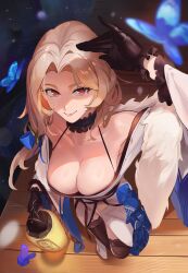 Rule 34 | 1girl, bare shoulders, black garter straps, black gloves, black thighhighs, blush, breasts, bug, butterfly, cleavage, closed mouth, collarbone, from above, garter straps, gloves, goddess of victory: nikke, highres, holding, holding lantern, insect, lantern, large breasts, long hair, long sleeves, looking at viewer, ludmilla (nikke), ludmilla (winter owner) (nikke), off shoulder, official alternate costume, rakaieye, red eyes, smile, solo, thighhighs, walking, white hair