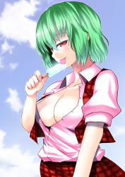 Rule 34 | 1girl, breasts, cloud, day, female focus, food, green hair, hane (hanegoya), kazami yuuka, large breasts, licking, open clothes, open shirt, plaid, plaid skirt, plaid vest, popsicle, red eyes, sexually suggestive, shirt, short hair, skirt, skirt set, sky, slit pupils, solo, touhou, vest