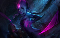 Rule 34 | 1boy, 1girl, 2017, artist name, ass, black hair, bra, breasts, claws, dated, evelynn (league of legends), facial mark, glowing, glowing eyes, grabbing throat, highres, holding, indoors, league of legends, md5 mismatch, medium breasts, monster girl, open mouth, purple eyes, shadow, smile, smirk, solo focus, st. cygnus, strangling, strapless, strapless bra, thong, underwear, watermark, web address, white eyes, white hair