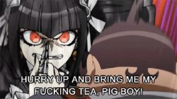 Rule 34 | 10s, 1boy, 1girl, angry, animated, animated gif, black hair, brown hair, celestia ludenberg, danganronpa (series), lowres, profanity, red eyes, subtitled, twintails