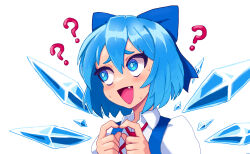 Rule 34 | 1girl, :d, ?, blue bow, blue eyes, blue hair, bow, cirno, collared shirt, fang, hair between eyes, hair bow, hands up, hcnone, highres, ice, ice wings, index fingers together, looking to the side, neck ribbon, open mouth, own hands together, portrait, red ribbon, ribbon, shirt, short hair, sideways glance, smile, solo, sweater, touhou, wings