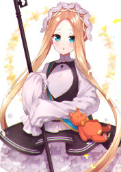 Rule 34 | 1girl, abigail williams (fate), abigail williams (festival outfit) (fate), akariko, alternate costume, black skirt, blonde hair, blue eyes, blush, breasts, dress, enmaided, fate/grand order, fate (series), forehead, highres, keyhole, long hair, long sleeves, looking at viewer, maid, maid headdress, mop, official alternate costume, open mouth, parted bangs, sash, sidelocks, simple background, skirt, sleeves past fingers, sleeves past wrists, small breasts, solo, stuffed animal, stuffed toy, teddy bear, white background, white dress