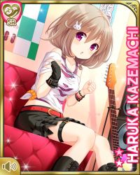 Rule 34 | 1girl, :o, belt, black footwear, black gloves, black skirt, blush, boots, brown hair, rabbit hair ornament, character name, couch, day, fingerless gloves, girlfriend (kari), gloves, guitar, hair ornament, hairclip, indoors, instrument, kazemachi haruka, looking at viewer, official art, open mouth, pink eyes, pink shirt, qp:flapper, shirt, short hair, short sleeves, sitting, skirt, solo, tagme, torn clothes, torn shirt