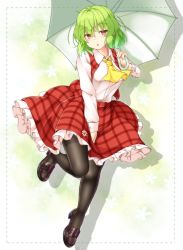 Rule 34 | 1girl, aka tawashi, ascot, black footwear, black pantyhose, blush, breasts, collarbone, commentary request, dotted line, full body, green hair, hair between eyes, head tilt, highres, holding, holding umbrella, kazami yuuka, leg up, loafers, long sleeves, looking at viewer, medium breasts, pantyhose, parted lips, plaid, plaid skirt, plaid vest, red eyes, red skirt, red vest, shadow, shirt, shoes, short hair, skirt, solo, thighs, touhou, umbrella, vest, white background, white shirt, wing collar, yellow ascot