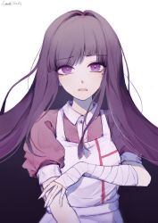 Rule 34 | 1girl, apron, artist name, bandaged arm, bandages, chinese commentary, commentary, danganronpa (series), danganronpa 2: goodbye despair, ea08zheci, gradient background, grey apron, grey background, long hair, looking at viewer, mole, mole under eye, open mouth, pink shirt, puffy short sleeves, puffy sleeves, shirt, short sleeves, solo, teardrop, tsumiki mikan, upper body
