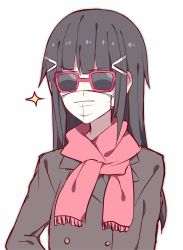 Rule 34 | 10s, 1girl, black hair, commentary, disguise, glasses, highres, kurosawa dia, kvlen, long hair, love live!, love live! sunshine!!, mask, mouth mask, scarf, simple background, solo, sparkle, sunglasses, surgical mask, upper body, white background