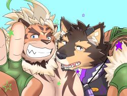 Rule 34 | 2boys, ahoge, animal ear piercing, animal ears, aqua background, arm around shoulder, bara, beard, blue eyes, brown fur, close-up, company connection, dog boy, dog ears, elbow pads, facial hair, fingerless gloves, forked eyebrows, full beard, furry, furry male, gem, gloves, grin, highres, hombre tigre (housamo), jewelry, large pectorals, live a hero, looking at viewer, male focus, multiple boys, open mouth, pectorals, pendant, pubraseer (live a hero), purple eyes, short hair, simple background, smile, snout, star (symbol), thick eyebrows, tiger boy, tiger ears, tokyo houkago summoners, topless male, usiaki5, v, white hair