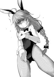 Rule 34 | 1girl, animal ears, bare shoulders, bow, bowtie, braid, breasts, rabbit ears, detached collar, fake animal ears, fishnet pantyhose, fishnets, greyscale, hair over eyes, hair ribbon, hamanami (kancolle), isshitaira, kantai collection, leotard, long hair, monochrome, pantyhose, playboy bunny, ribbon, single braid, small breasts, solo, strapless, strapless leotard, wrist cuffs