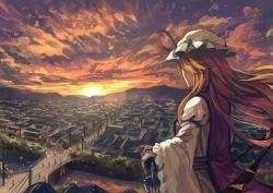 Rule 34 | 1girl, berabou, blonde hair, breasts, bush, cloud, commentary request, dress, evening, from behind, gap (touhou), hair over shoulder, hat, hat ribbon, horizon, lens flare, long hair, long sleeves, looking afar, mob cap, mountain, orange sky, people, red eyes, ribbon, scenery, silhouette, sky, solo, stream, sunset, tabard, touhou, town, utility pole, white dress, white hat, wide sleeves, wind, yakumo yukari