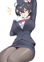Rule 34 | 1girl, amano hagoromo, animal ears, black eyes, black hair, black hat, black pantyhose, black skirt, blue archive, blush, bow, bowtie, breasts, collared shirt, extra ears, feet out of frame, formal, hair between eyes, halo, hat, highres, large breasts, long sleeves, official alternate costume, open mouth, pantyhose, pleated skirt, red bow, red bowtie, red halo, shirt, short hair, simple background, skirt, solo, suit, tsubaki (blue archive), tsubaki (guide) (blue archive), white background, white shirt