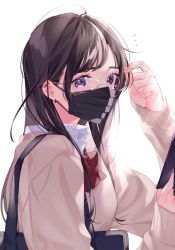 Rule 34 | 1girl, arm up, bag, black bag, black hair, black mask, bow, bowtie, brown sweater, collared shirt, earrings, glasses, hanasato (okashino), highres, holding, holding own hair, jewelry, long hair, long sleeves, looking at viewer, mask, mole, mole under eye, mouth mask, original, purple eyes, red bow, red bowtie, school bag, school uniform, semi-rimless eyewear, shirt, shoulder bag, simple background, sleeves past wrists, solo, sweater, upper body, white background, white shirt