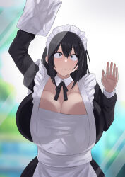 1girl absurdres against_glass apron black_hair blush breast_press breasts_on_glass closed_mouth commentary_request day detached_collar highres long_sleeves maid maid_headdress natsuishi_nana original solo upper_body white_apron wiping