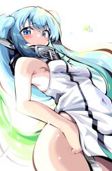 Rule 34 | 1girl, aloe (kenkou3733), blue eyes, blue hair, breasts, commentary, dress, green hair, highres, long hair, looking at viewer, multicolored hair, nymph (sora no otoshimono), simple background, sleeveless, sleeveless dress, small breasts, solo, sora no otoshimono, standing, thighs, twintails, white background, white dress
