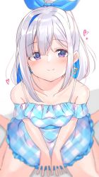Rule 34 | 1girl, alternate costume, alternate hairstyle, amane kanata, blurry, blurry foreground, blush, breasts, collarbone, commentary request, earrings, heart, highres, hololive, jewelry, pov, purple eyes, shiitake taishi, simple background, single hair intake, sitting, smile, solo, virtual youtuber, white background